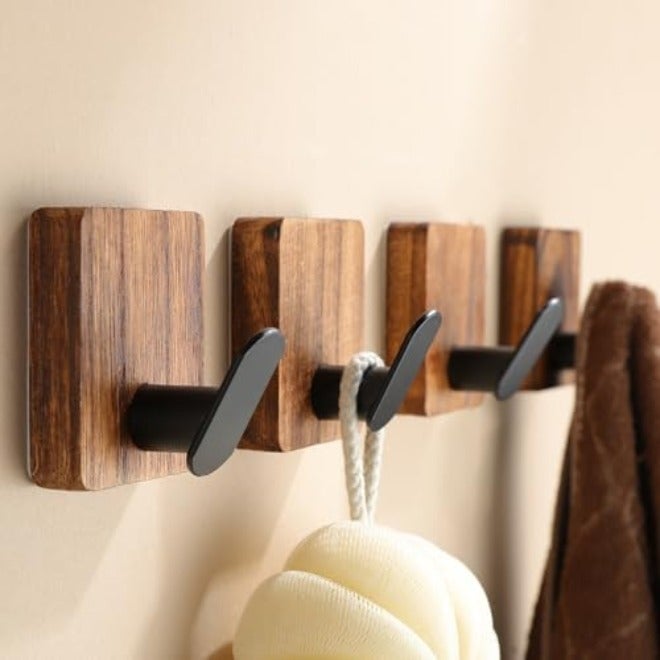 DELITON Towel Hooks for Bathrooms, 4 Pack Adhesive Wood Hooks for Hanging Robes, Towels, Coat, Key, Decorative Wall Utility Hook Heavy Duty - Image 1