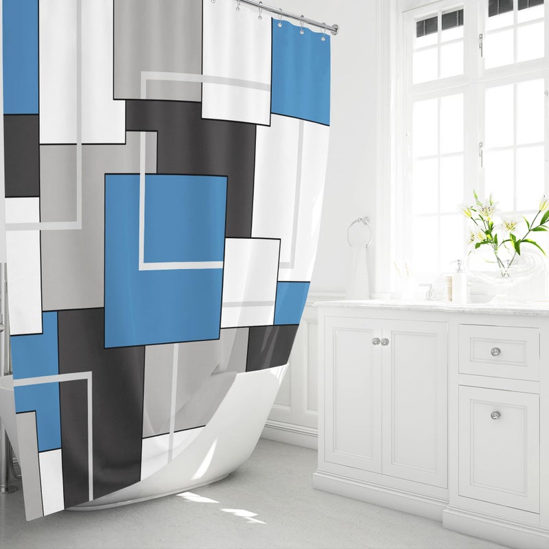 BTTN Blue Fabric Shower Curtain  Modern Geometric Neutral Cloth Shower Curtain Set with Hook  Water Repellent  White Black Grey Decorative Ployester Shower Curtain for Bathroom  72x72  Moonlight Blue - Image 2
