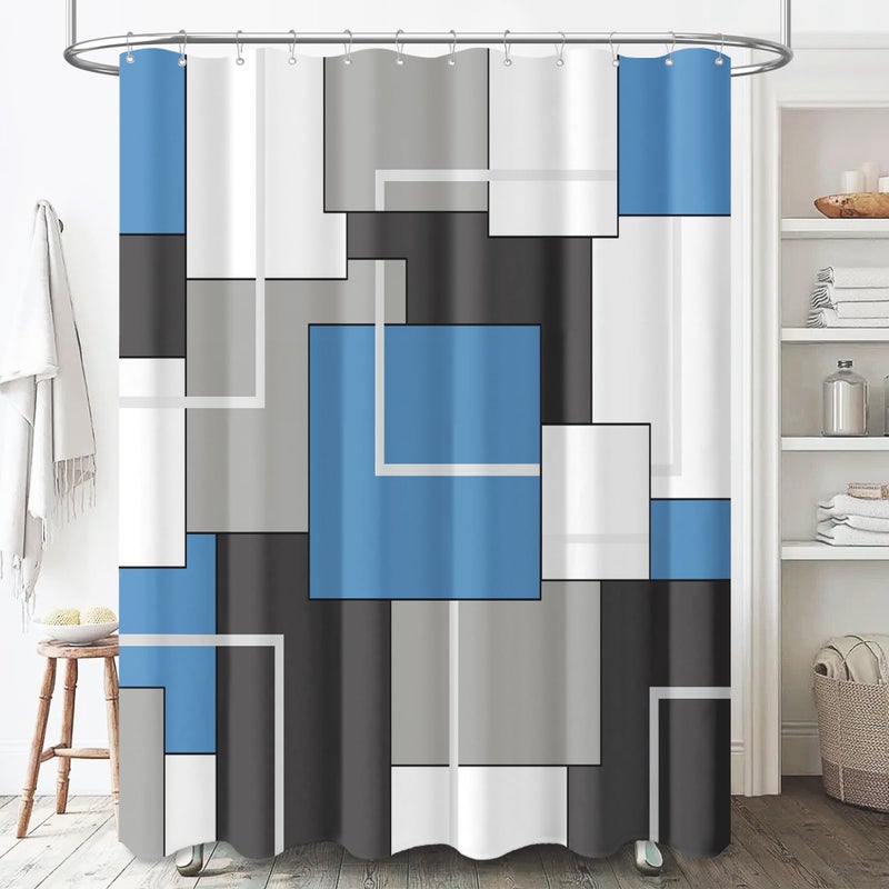 BTTN Blue Fabric Shower Curtain  Modern Geometric Neutral Cloth Shower Curtain Set with Hook  Water Repellent  White Black Grey Decorative Ployester Shower Curtain for Bathroom  72x72  Moonlight Blue - Image 1