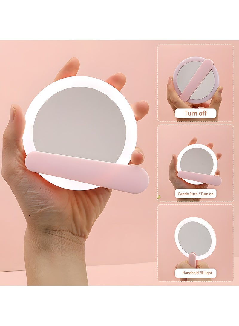 مرآة مكياج LED دوارة محمولة باليد، مرآة مكياج محمولة قابلة لإعادة الشحن مع مفتاح دوار. أداة مكياج مثالية، مناسبة للسفر والاستخدام المنزلي. اللون: وردي  - Image 4