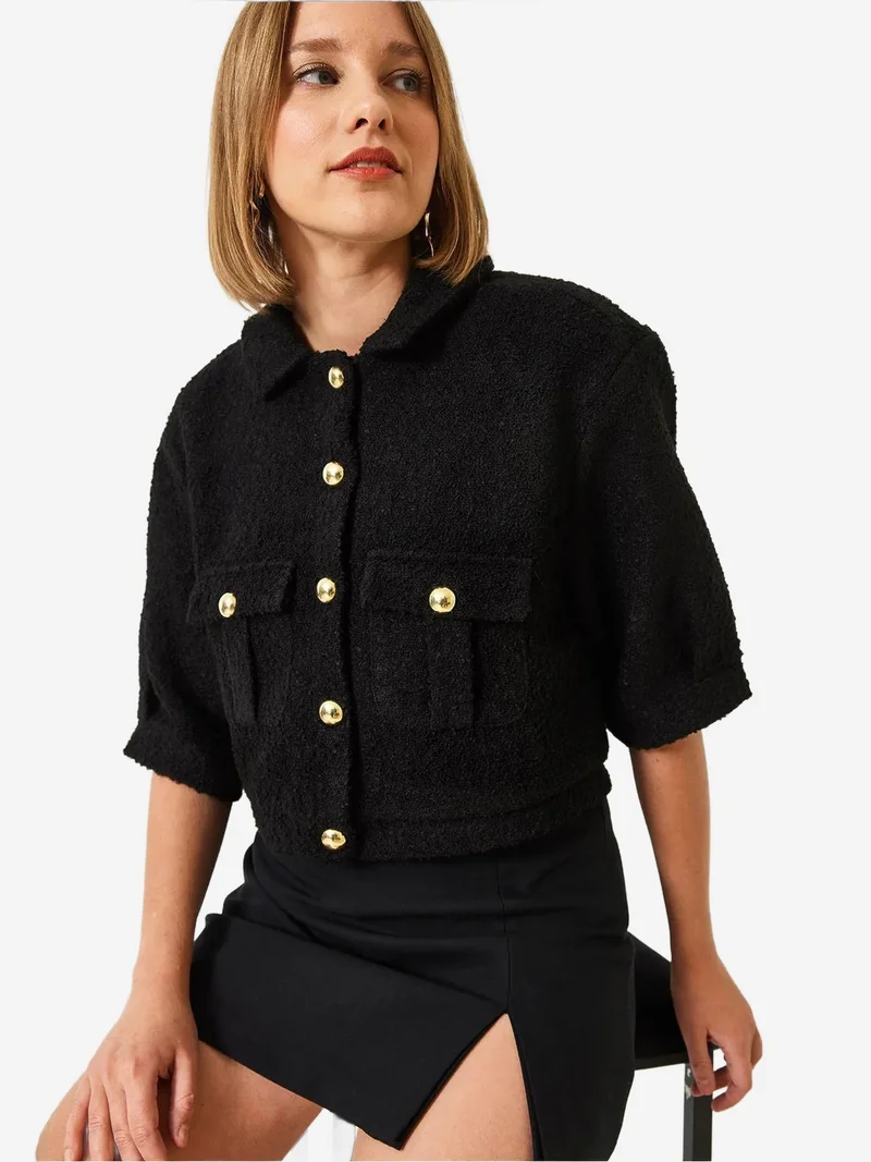Bianco Lucci Black LUCCI Cropped Plush Buttoned Jacket with Shirt Collar for Women | Best Price UAE