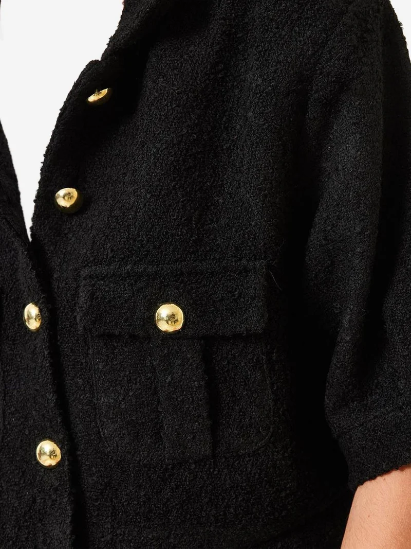 Bianco Lucci Black LUCCI Cropped Plush Buttoned Jacket with Shirt Collar for Women | Best Price UAE
