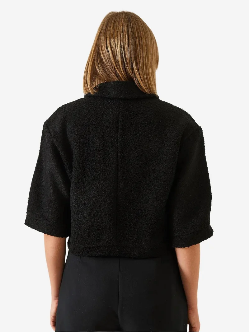 Bianco Lucci Black LUCCI Cropped Plush Buttoned Jacket with Shirt Collar for Women | Best Price UAE