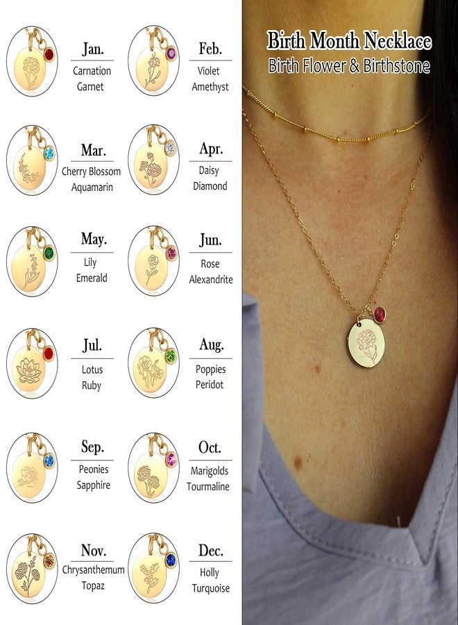 CERSLIMO Birthday Gifts for Her Birth Flower Necklaces, 18K Gold Plated Dainty Birth Month Floral Birthstone Disc Coin Pendant Necklaces | Women Wildflower Jewelry Gifts for Valentines Anniversary - Image 3