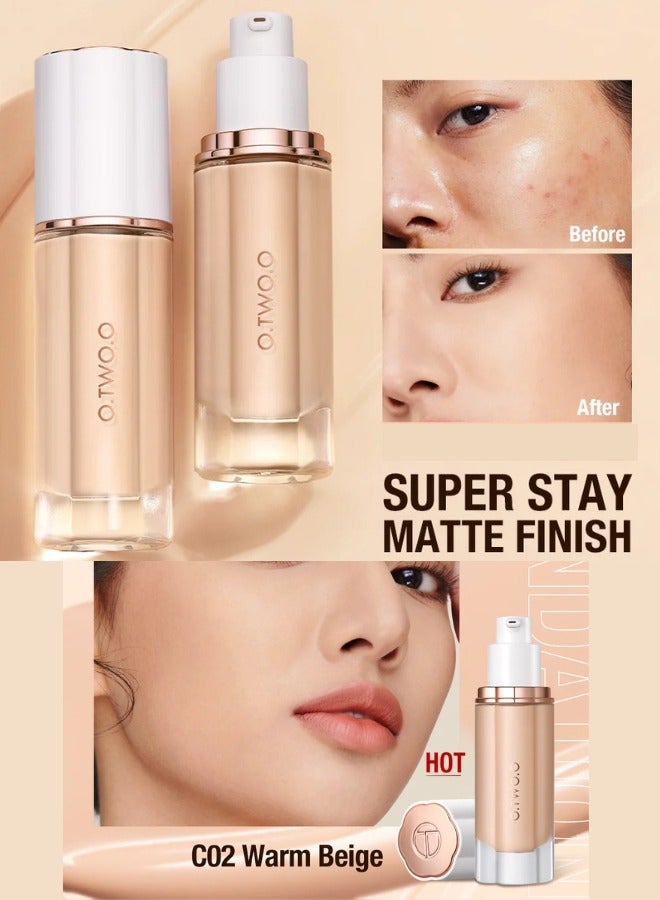 O.TWO.O Matt Finish Medium Coverage Liquid Foundation 30ml Long Lasting Oil Control Lightweight Natural Matte Makeup Foundation Smooth Blendable Texture for Oily Skin Combination Skin Sensitive Skin Conceals Imperfections Evens Skin Tone Hydrating Formula Non Cakey - Image 1