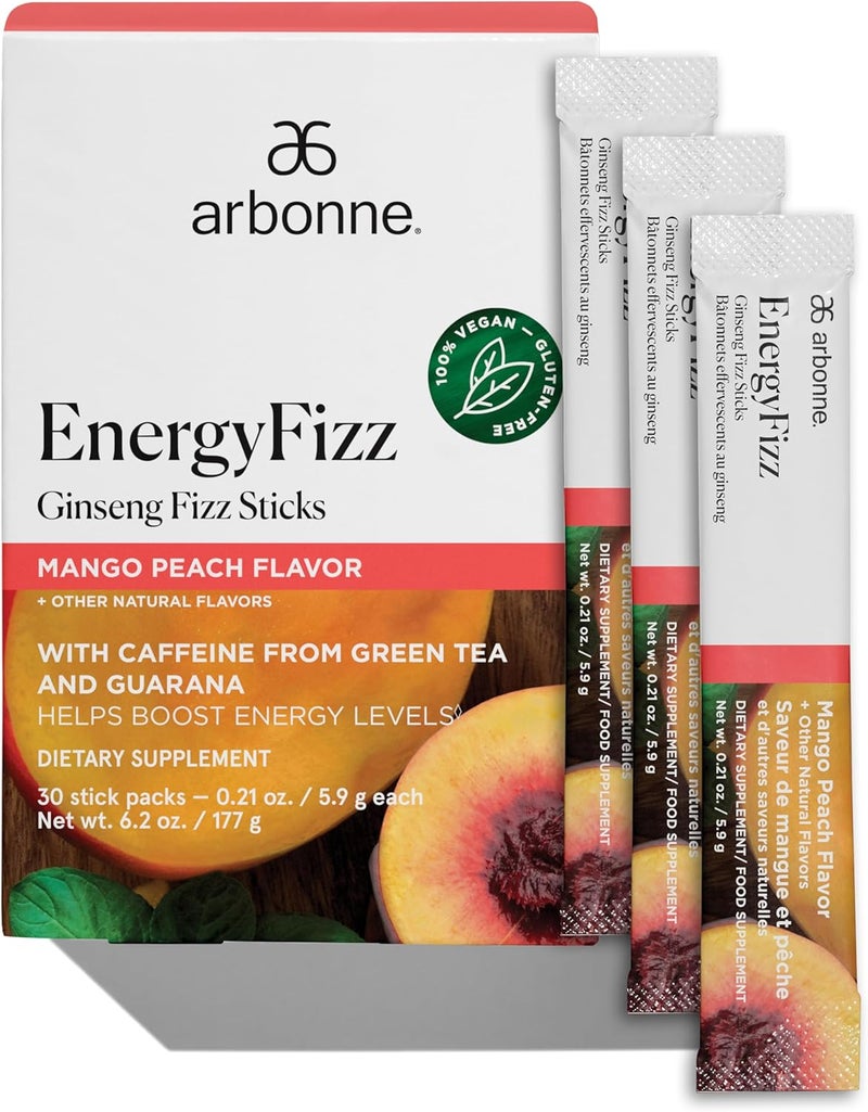 Arbonne EnergyFizz Ginseng Fizz Sticks - Mango Peach Flavor, 30 Count Dietary Supplement for Energy Boost - Image 1