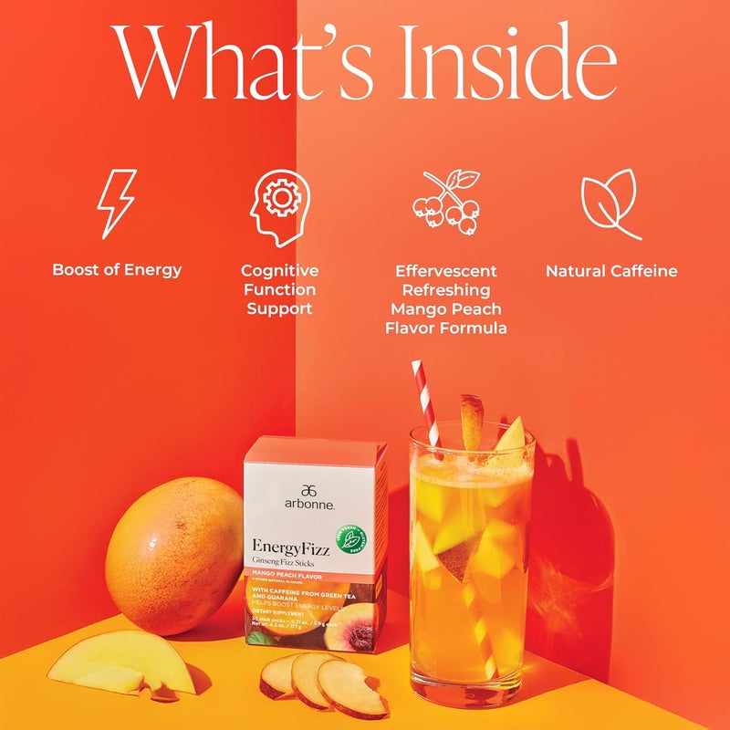Arbonne EnergyFizz Ginseng Fizz Sticks - Mango Peach Flavor, 30 Count Dietary Supplement for Energy Boost - Image 4