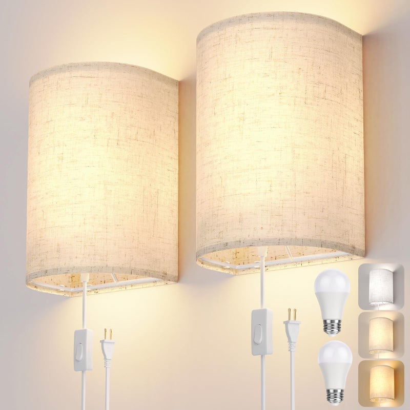 OCATO Plug in Wall Sconces Set of Two: Wall Light Wall Lamp with On/Off Switch 3000K 4500K 6000K Selectable Fixtures Fabric Linen Shade Wall Decor Wall Lights for Bedroom Living Room Hallway Indoor - Image 1
