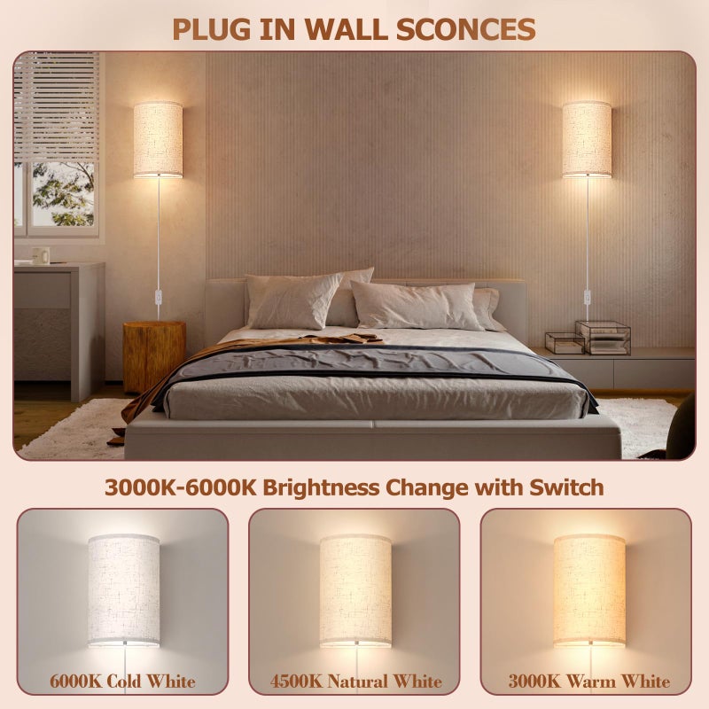 OCATO Plug in Wall Sconces Set of Two: Wall Light Wall Lamp with On/Off Switch 3000K 4500K 6000K Selectable Fixtures Fabric Linen Shade Wall Decor Wall Lights for Bedroom Living Room Hallway Indoor - Image 2