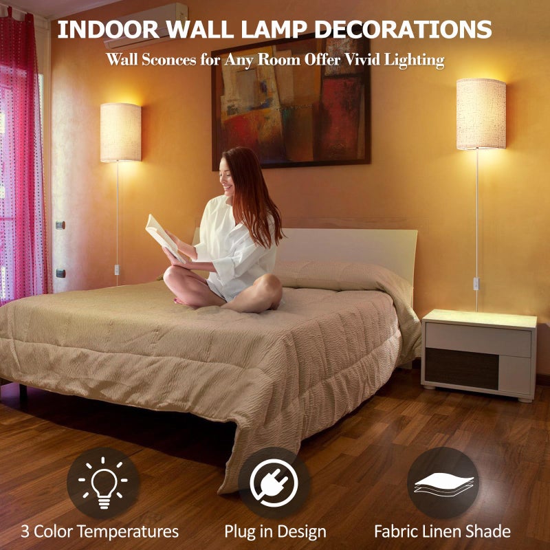 OCATO Plug in Wall Sconces Set of Two: Wall Light Wall Lamp with On/Off Switch 3000K 4500K 6000K Selectable Fixtures Fabric Linen Shade Wall Decor Wall Lights for Bedroom Living Room Hallway Indoor - Image 5