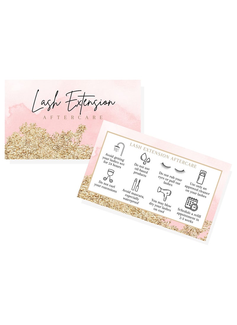 Lashicorn Lash Extension Aftercare Cards | 50 Pack | 2x3.5" inch Business Card Size | Eyelash Extension Supplies | Lash Aftercare | Pink Watercolor and Gold Design  - Image 1