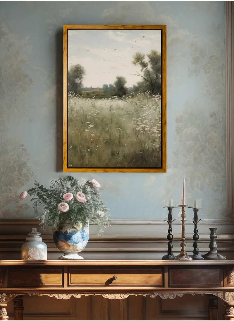 LOWHA Canvas Wall Art Stretched Over Wooden Frame with Wooden Color Floating Frame and Vintage Style Rural Scenery Painting