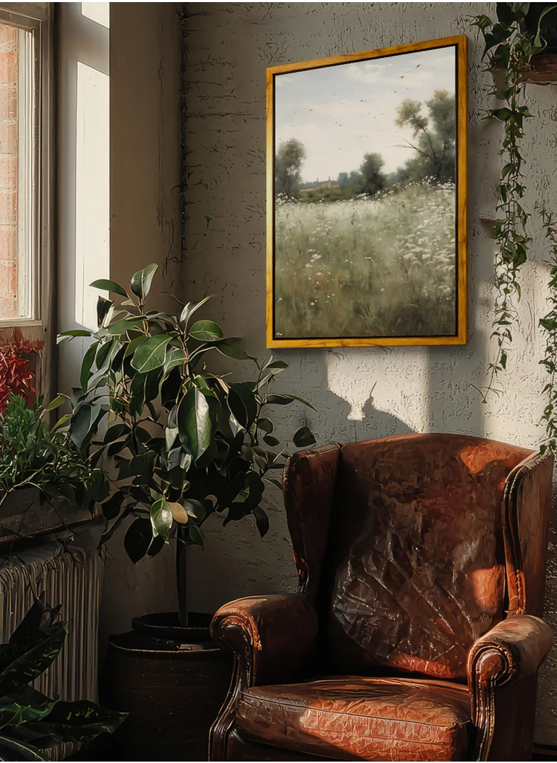 LOWHA Canvas Wall Art Stretched Over Wooden Frame with Wooden Color Floating Frame and Vintage Style Rural Scenery Painting