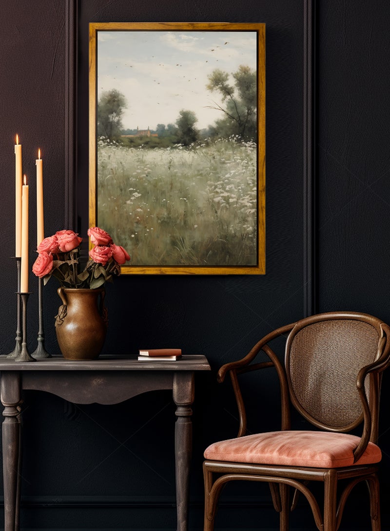 لوحة كانفاس على إطار خشبي بإطار خارجي باللون الخشبي وتصميم كلاسيكي لمنظر ريفي - Image 4