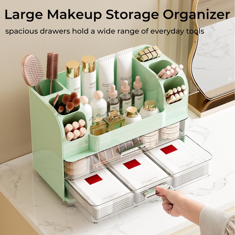 UFORU Makeup Organizer for Vanity with 2 Large Drawers, Cosmetic Display Case with Brush Holders, Easy to Storage for Bathroom Countertop Skincare, Perfume, Green - Image 3