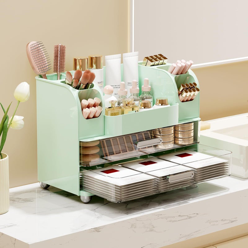 UFORU Makeup Organizer for Vanity with 2 Large Drawers, Cosmetic Display Case with Brush Holders, Easy to Storage for Bathroom Countertop Skincare, Perfume, Green - Image 2