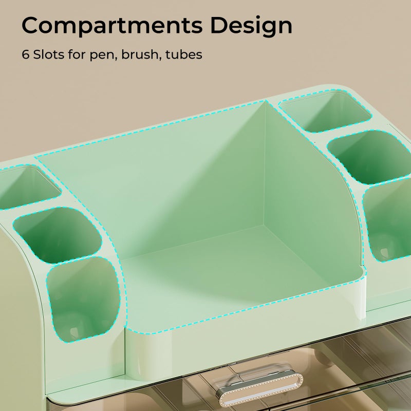 UFORU Makeup Organizer for Vanity with 2 Large Drawers, Cosmetic Display Case with Brush Holders, Easy to Storage for Bathroom Countertop Skincare, Perfume, Green - Image 5