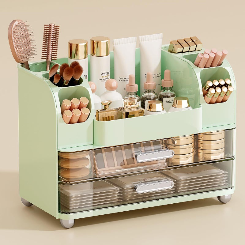 UFORU Makeup Organizer for Vanity with 2 Large Drawers, Cosmetic Display Case with Brush Holders, Easy to Storage for Bathroom Countertop Skincare, Perfume, Green - Image 1