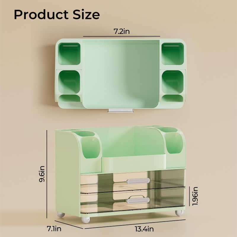 UFORU Makeup Organizer for Vanity with 2 Large Drawers, Cosmetic Display Case with Brush Holders, Easy to Storage for Bathroom Countertop Skincare, Perfume, Green - Image 4