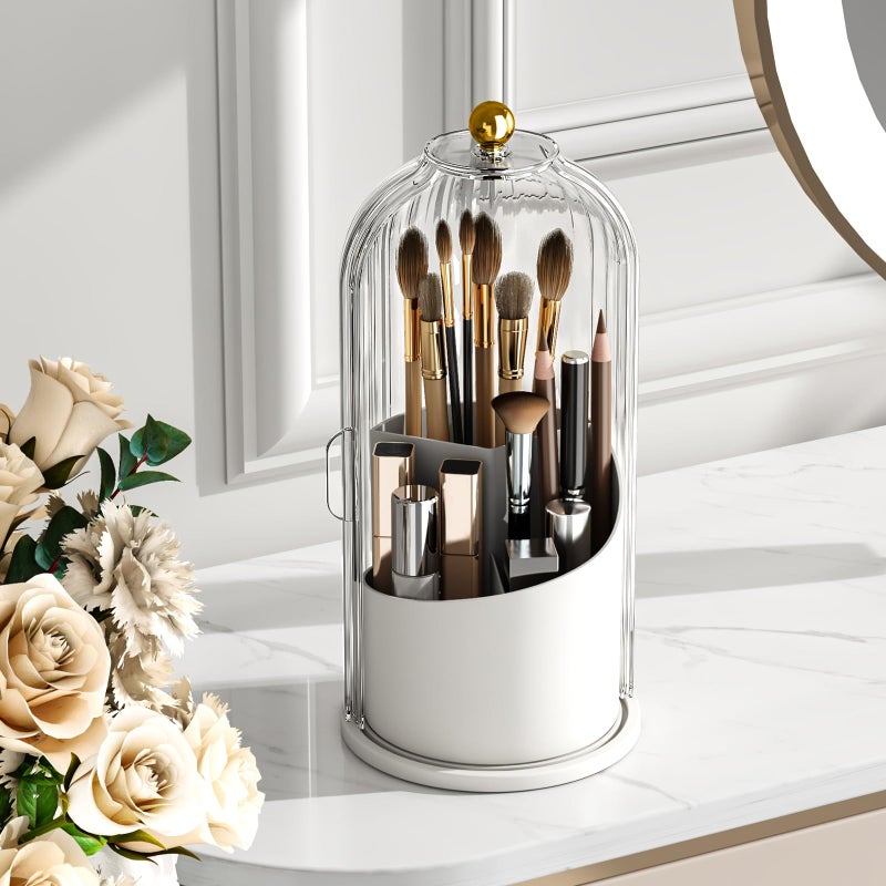 GAXmi Makeup Brush Holder with Lid Cosmetic Tools Organizer 360 Rotating Waterproof Dustproof Makeup Brushes Storage for Vanity, Transparent - Image 1