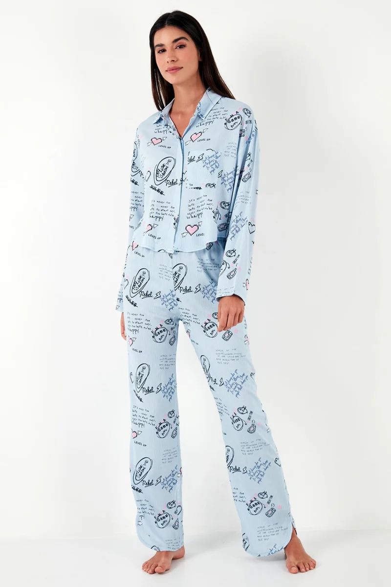 Lela Patterned Comfortable Cut Wide Leg Summer Pajama Set Women's Pajama Set 6110014