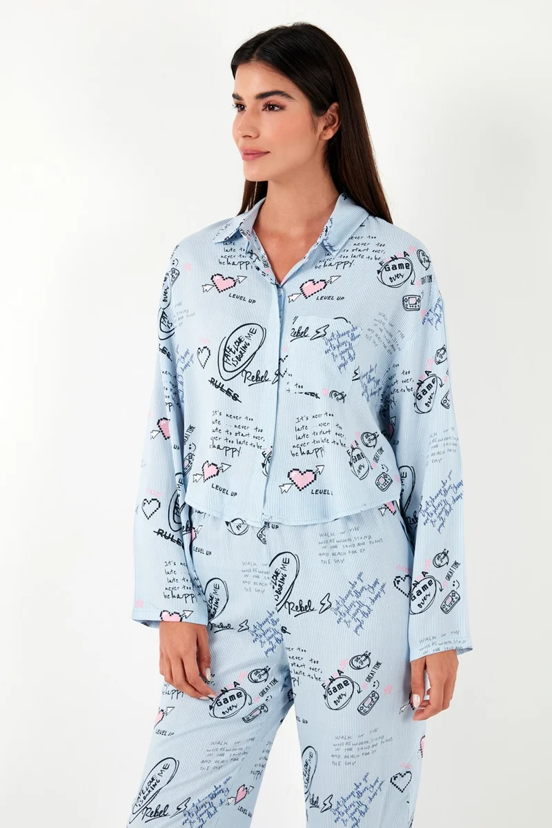 Lela Patterned Comfortable Cut Wide Leg Summer Pajama Set Women's Pajama Set 6110014