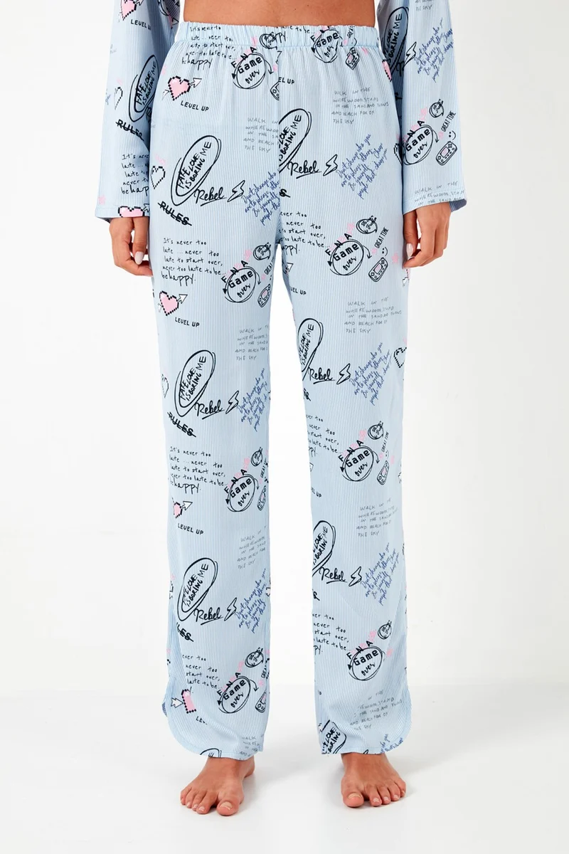 Lela Patterned Comfortable Cut Wide Leg Summer Pajama Set Women's Pajama Set 6110014