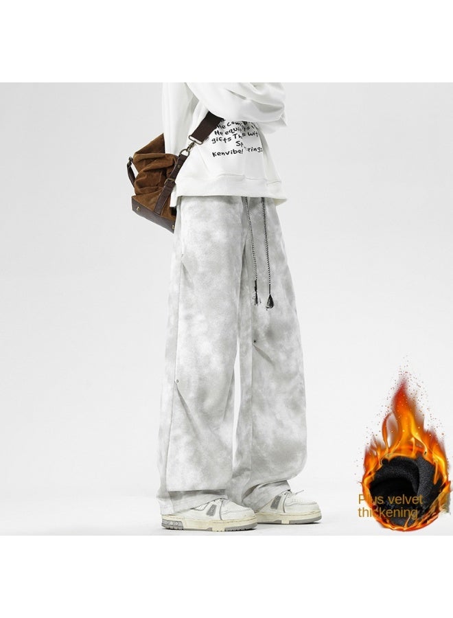 Casual Pants Winter Style American Tie-dye Dirty Pants Men's Kukri Vibe Design Fleece Wide-leg Straight-leg Loose - Image 2