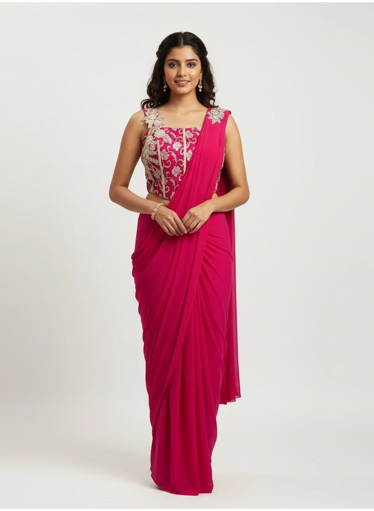 Lehar Pink Embroidered Corset Saree Set