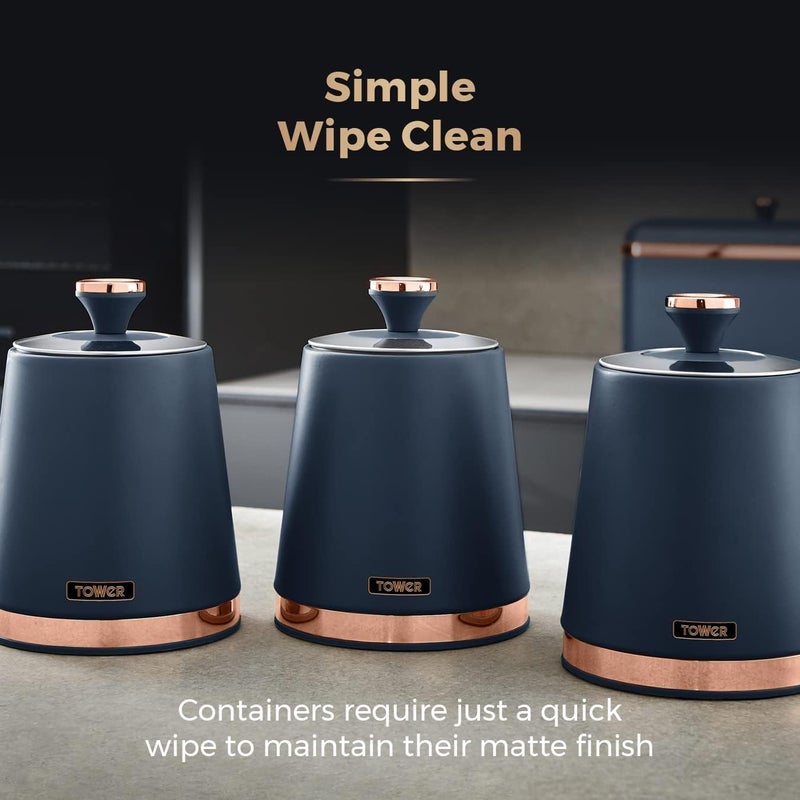 Tower T826131MNB Cavaletto Set of 3 Storage Canisters for Tea/Coffee/Sugar, Steel, Midnight Blue and Rose Gold - Image 5