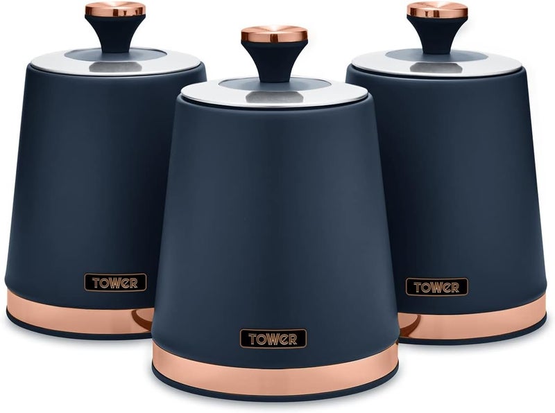Tower T826131MNB Cavaletto Set of 3 Storage Canisters for Tea/Coffee/Sugar, Steel, Midnight Blue and Rose Gold - Image 1