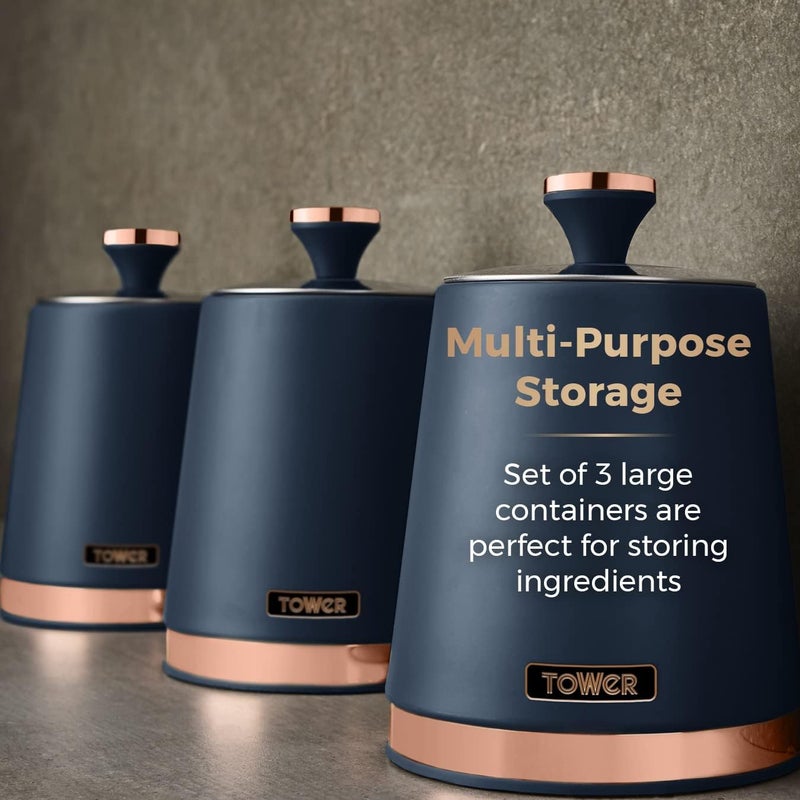 Tower T826131MNB Cavaletto Set of 3 Storage Canisters for Tea/Coffee/Sugar, Steel, Midnight Blue and Rose Gold - Image 3
