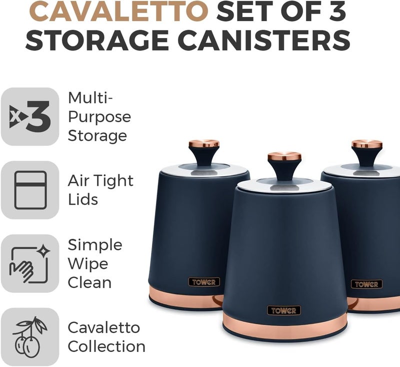 Tower T826131MNB Cavaletto Set of 3 Storage Canisters for Tea/Coffee/Sugar, Steel, Midnight Blue and Rose Gold - Image 2