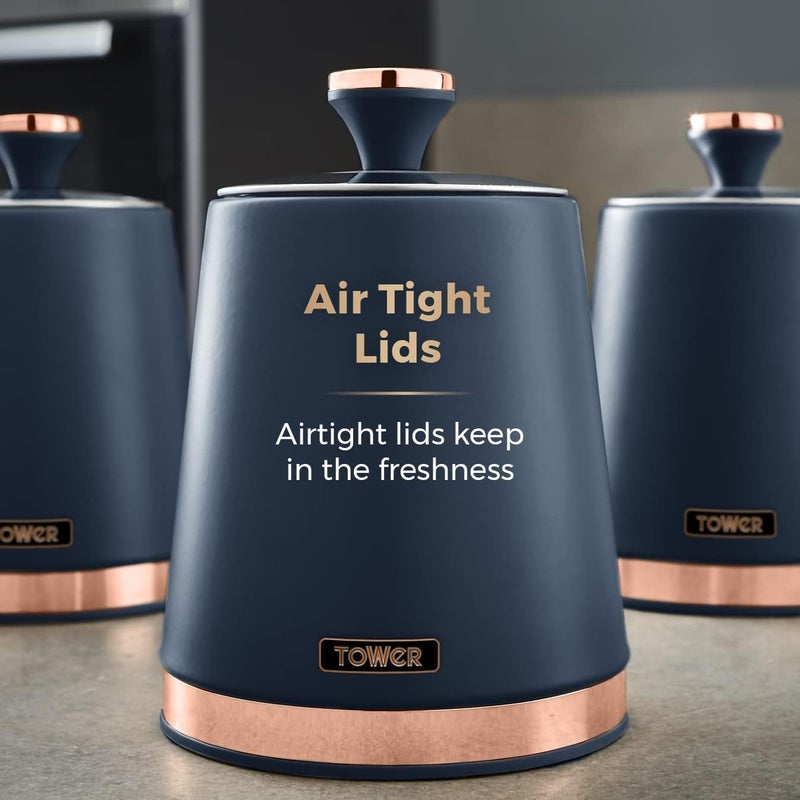 Tower T826131MNB Cavaletto Set of 3 Storage Canisters for Tea/Coffee/Sugar, Steel, Midnight Blue and Rose Gold - Image 4
