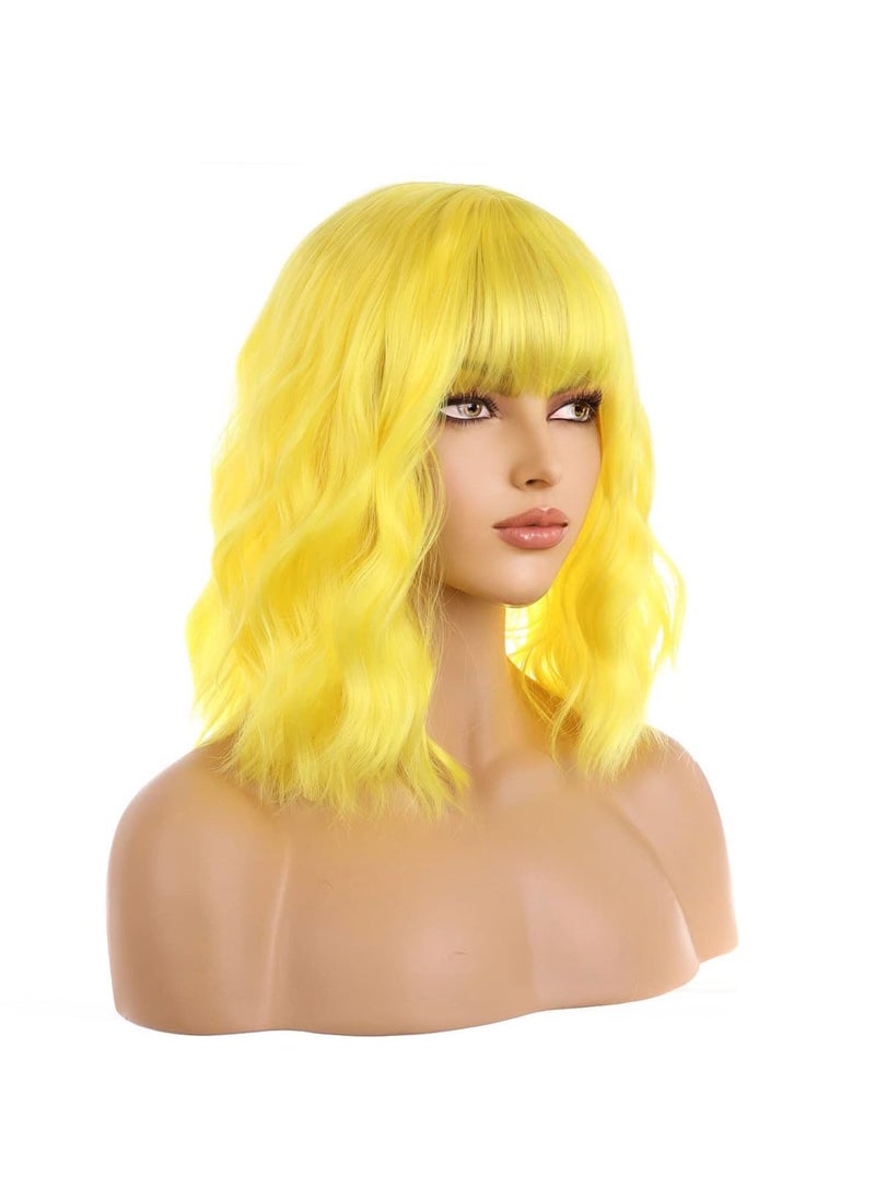 BERON - BERON 14 Inches Yellow Wig Wig for Women Girls Yellow Wig Short Curly Synthetic Wig with Bangs Yellow Wigs with Wig Cap - Image 1
