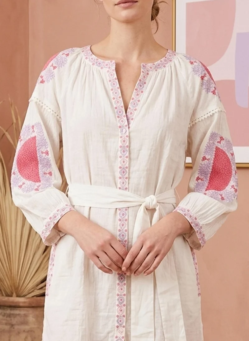 Alaya white with pink and purple embroidery Women Embroidered  Cotton Midi Dress -AL3705 for Women | Best Price UAE