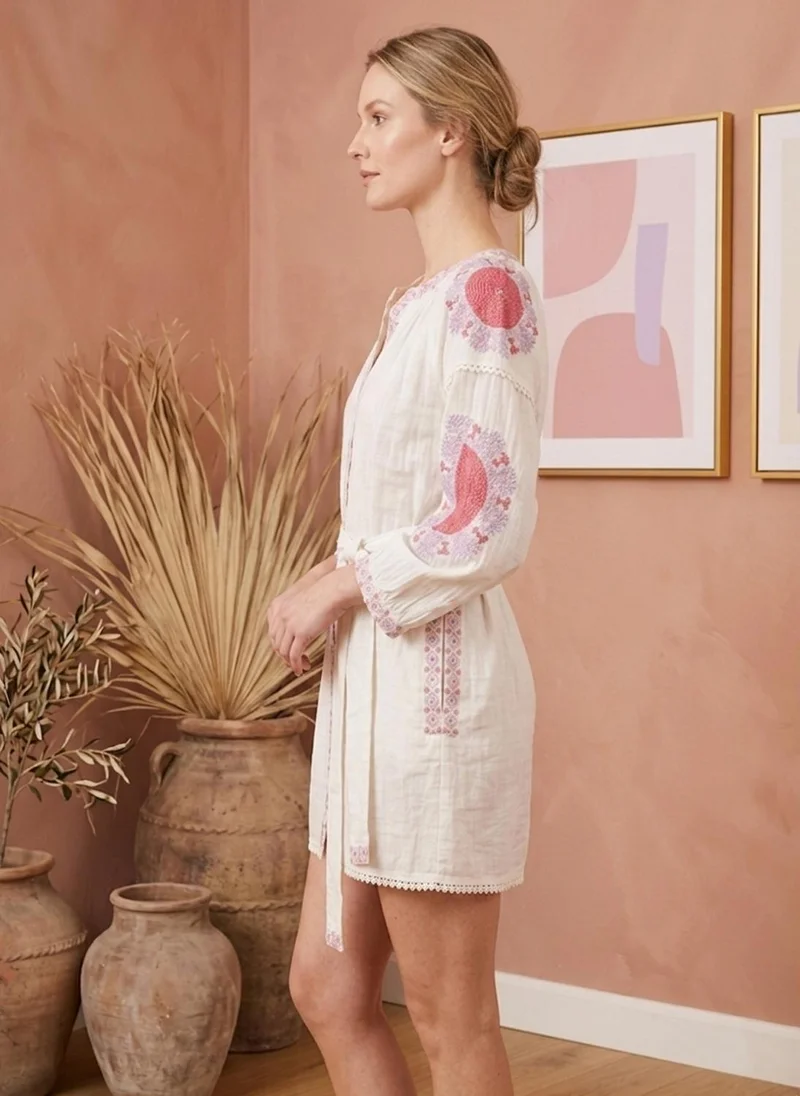 Alaya white with pink and purple embroidery Women Embroidered  Cotton Midi Dress -AL3705 for Women | Best Price UAE