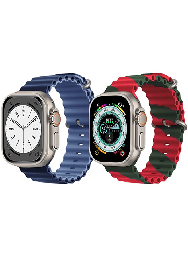 vesus Silicone Ocean Band Strap for Apple Watch Ultra 8 49mm Navy Blue/Blue Double Side Strap with Red/Green Double Line Strap Set of 2