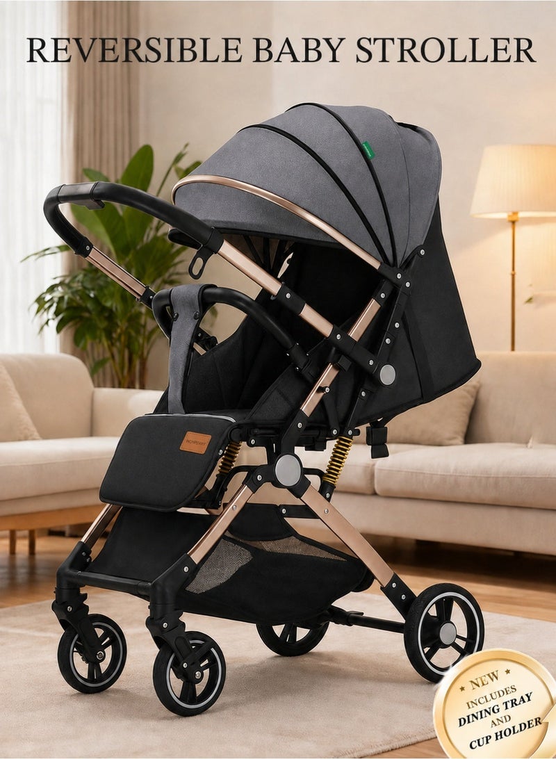 Hompenny Luxury Reversible Baby Stroller with Dining Tray and Cup Holder, One-Click Fold and Shock-Absorbing Spring Design, Airplane-Approved, Extra-Large Storage Basket, 60kg Load Capacity, Suitable for 0–6 Years, Lightweight Baby Stroller - Image 1