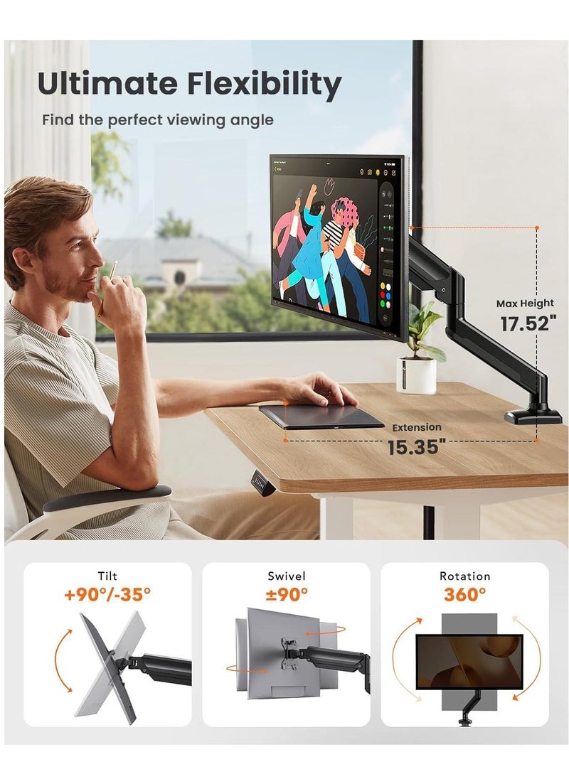ELTRAZONE Single Monitor Arm for 13-32 Inch Screens – Adjustable Gas Spring Monitor Mount Holds Up to 22 lbs, VESA 100x100mm, C-Clamp & Grommet Base, Ergonomic Computer Stand – Flexible & Space-Saving Desk Mount  - Image 3
