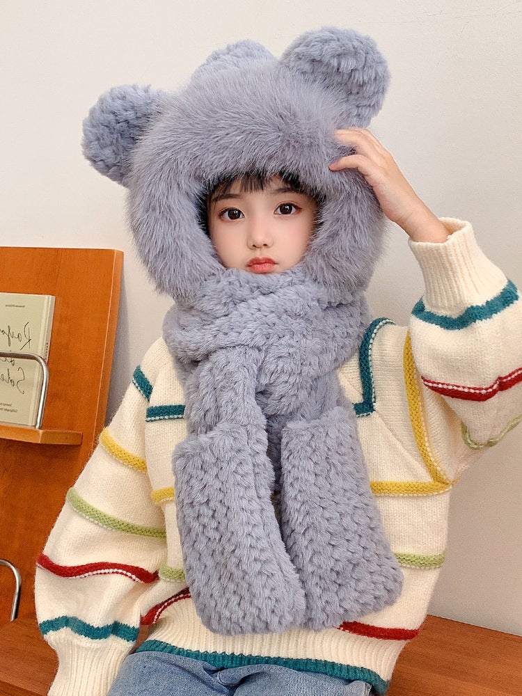 Cute Kids Fuzzy Fox Plush Hat Scarf Gloves Winter Set Gray (children's model)
