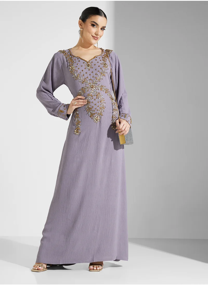 ARABIAN CLOSET Embellished Belted Jalabiya