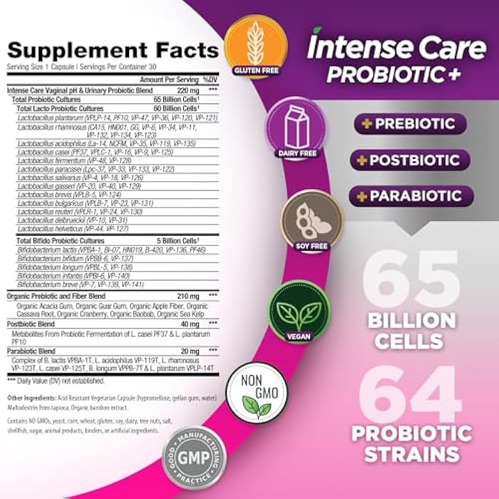 Vital Planet - Intense Care Vaginal pH & Urinary Probiotics for Women Plus Organic Prebiotics, Postbiotics, and Parabiotics, 65 Billion CFU and 64 Strains, Immune and Digestive Health 30 ct - Image 2