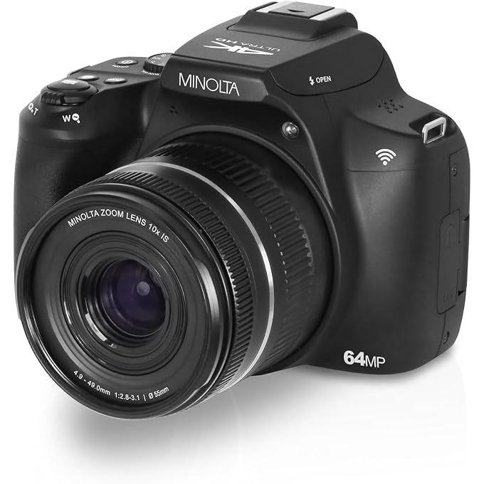 Minolta 64 Mega Pixels Auto Focus Digital Camera with 10x Optical Zoom, 4K Ultra HD Video and Macro Shooting, Bundle with 32 GB Memory Card + Vlogging Tripod + Cleaning kit + More Accessories - Black - Image 4
