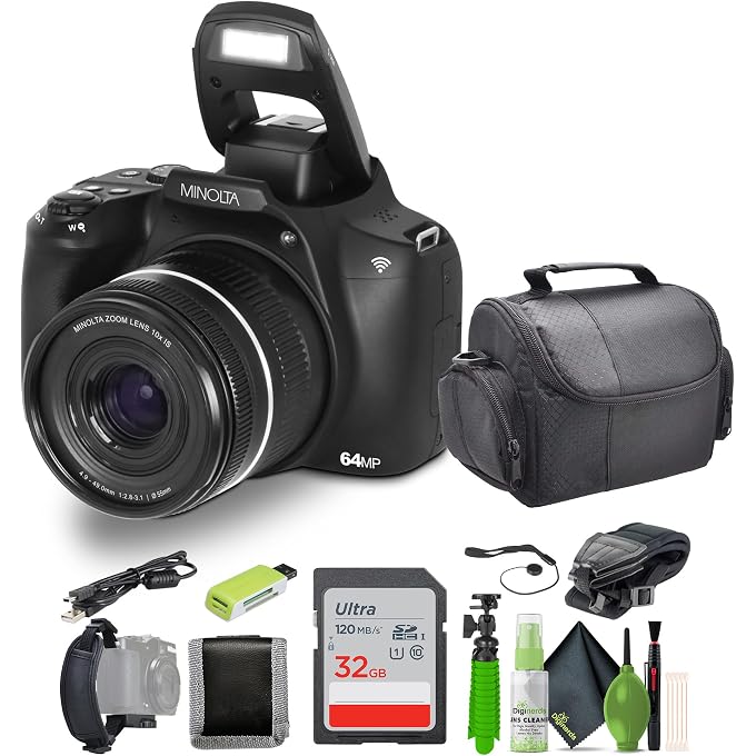 Minolta 64 Mega Pixels Auto Focus Digital Camera with 10x Optical Zoom, 4K Ultra HD Video and Macro Shooting, Bundle with 32 GB Memory Card + Vlogging Tripod + Cleaning kit + More Accessories - Black - Image 1