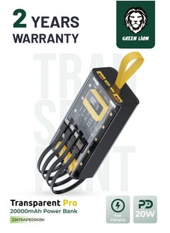 GREEN LION Transparent Pro 20000mAh Power Bank 20000 mAh Powerbank Built in cable Lightning and Type-C and USB and Micro Digital Display 2 USB Port and 1 PD Type-c Port - Black/Yellow  - Image 1