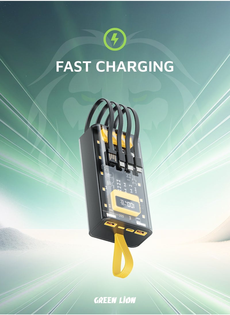 GREEN LION - Transparent Pro 20000mAh Power Bank 20000 mAh Powerbank Built in cable Lightning and Type-C and USB and Micro Digital Display 2 USB Port and 1 PD Type-c Port - Black/Yellow - Image 1