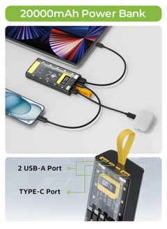 GREEN LION Transparent Pro 20000mAh Power Bank 20000 mAh Powerbank Built in cable Lightning and Type-C and USB and Micro Digital Display 2 USB Port and 1 PD Type-c Port - Black/Yellow  - Image 5