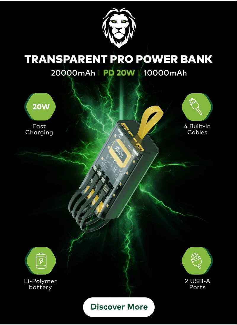 GREEN LION - Transparent Pro 20000mAh Power Bank 20000 mAh Powerbank Built in cable Lightning and Type-C and USB and Micro Digital Display 2 USB Port and 1 PD Type-c Port - Black/Yellow - Image 1
