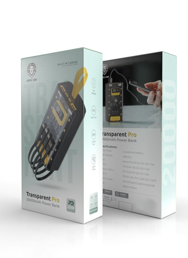 GREEN LION - Transparent Pro 20000mAh Power Bank 20000 mAh Powerbank Built in cable Lightning and Type-C and USB and Micro Digital Display 2 USB Port and 1 PD Type-c Port - Black/Yellow - Image 1